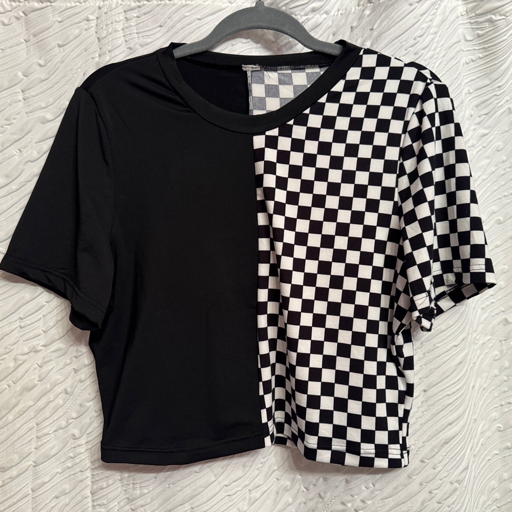 Checkerblock Split Short Sleeve Tee - Black & White